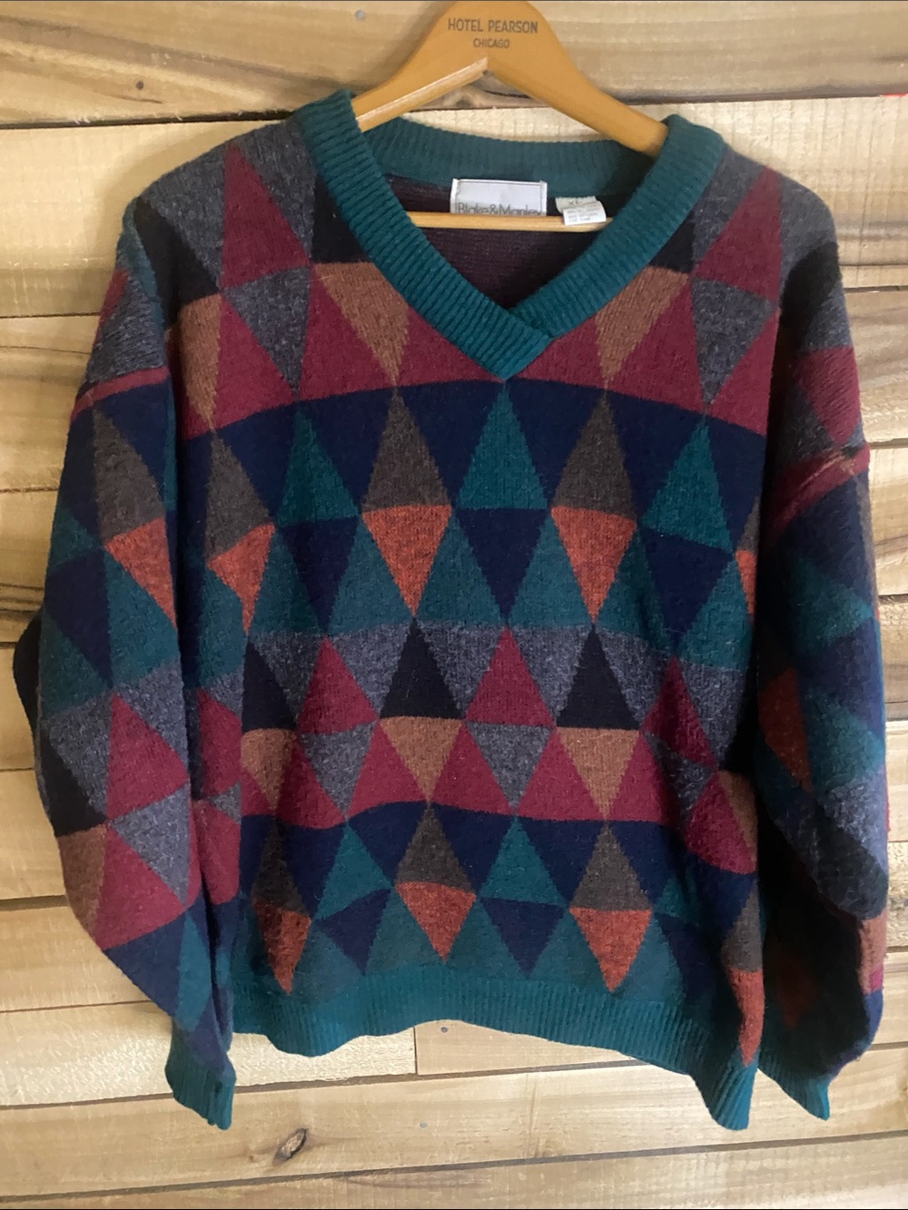 Vintage Blake & Manley Geometric V-Neck Sweater Teal and Maroon XL Italy